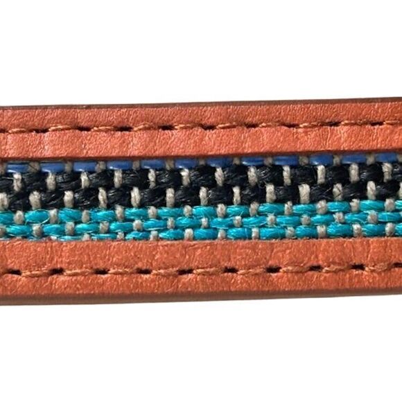 Vince Camuto Skinny Belt Tan Brown Faux Vegan Leather Blue Tapestry Inset - Picture 2 of 11